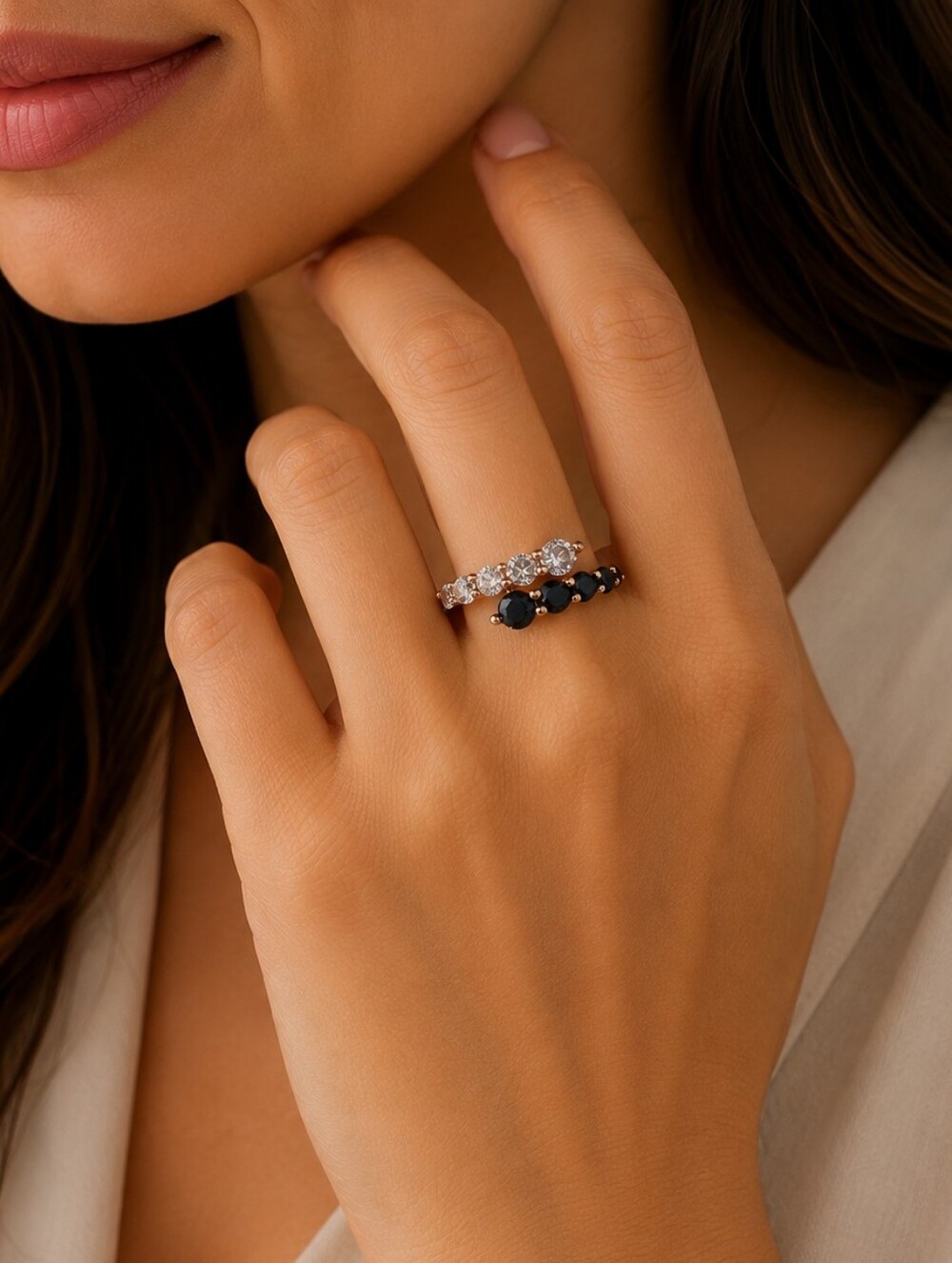 BHS Rose Gold Tone Black & Clear CZ Bypass Ring Size 6 – Elegant Modern Fashion